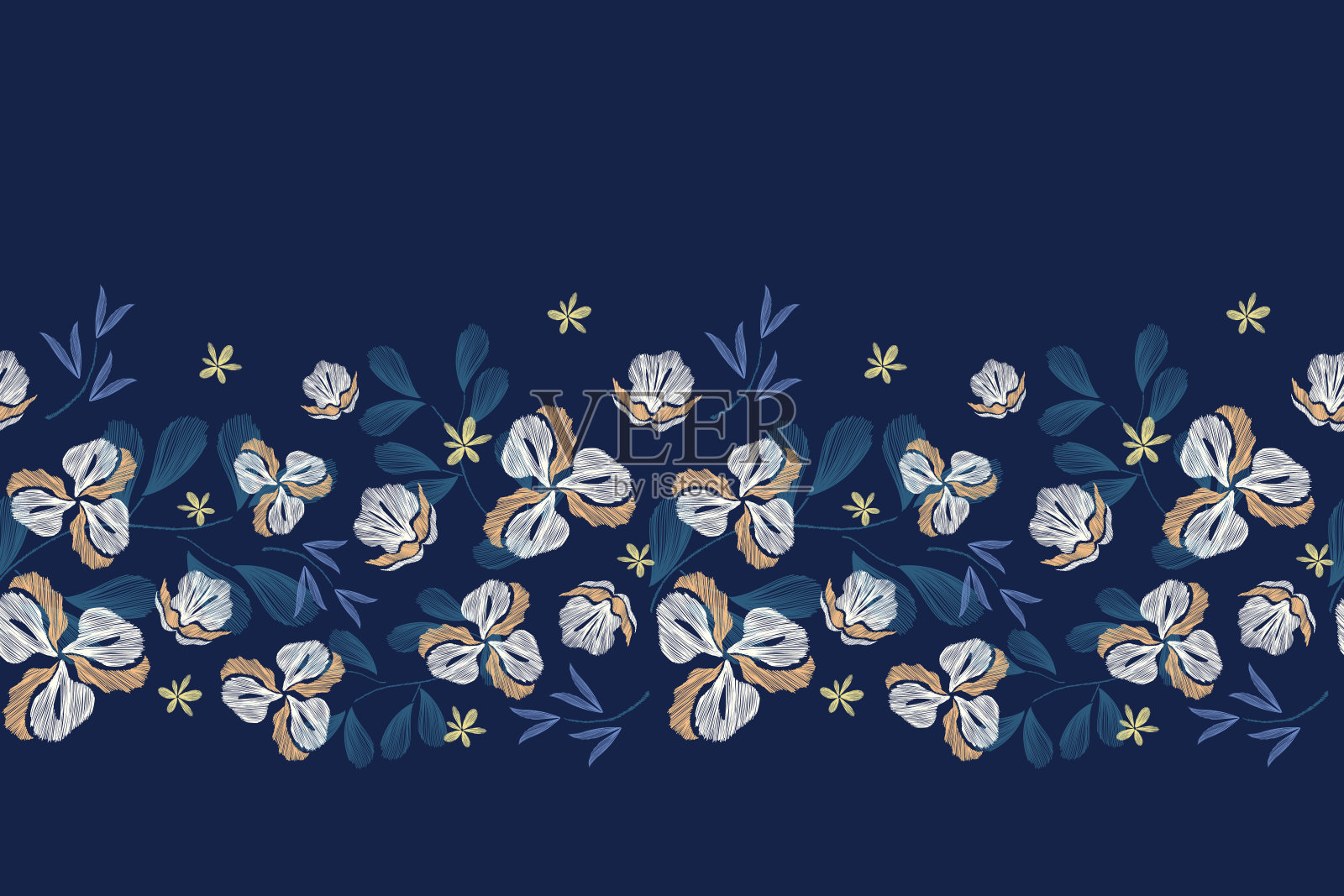 伊卡特花卉图案兰花刺绣在黑暗的背景。花图案无缝Ikat图案设计。矢量插图。插画图片素材