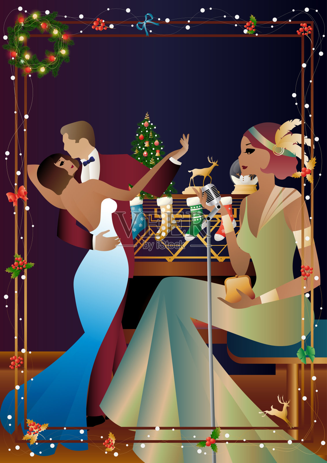 身着复古长裙的年轻女子在壁炉旁拿着复古麦克风插画图片素材