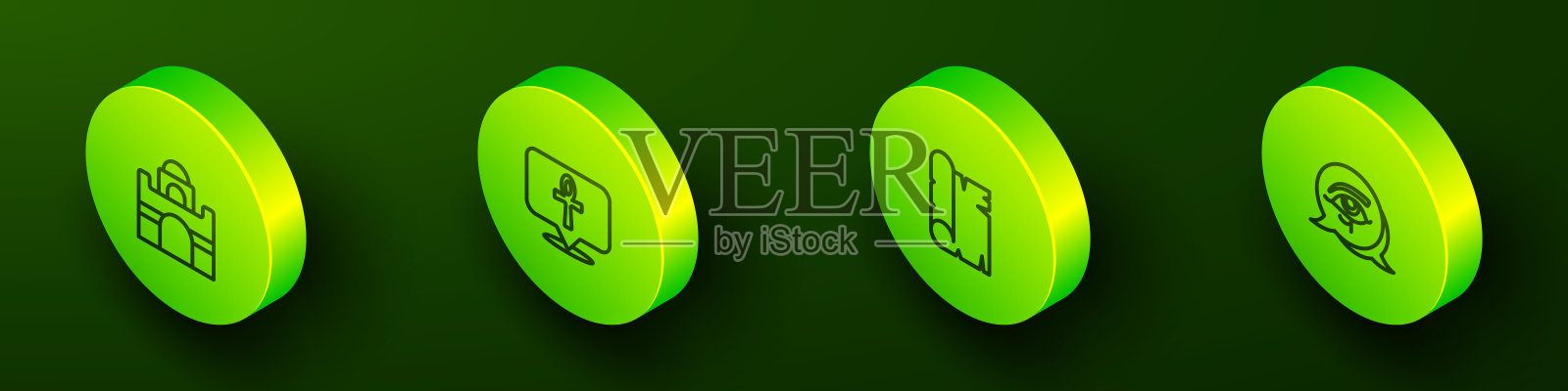 设置等距线埃及的房子，十字十字，纸莎草卷轴和荷鲁斯之眼图标。向量插画图片素材