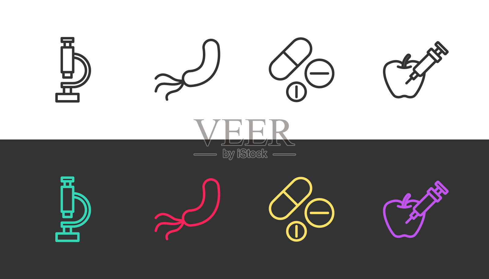 设置黑白显微镜，细菌，药物药丸或片剂和转基因苹果。向量插画图片素材