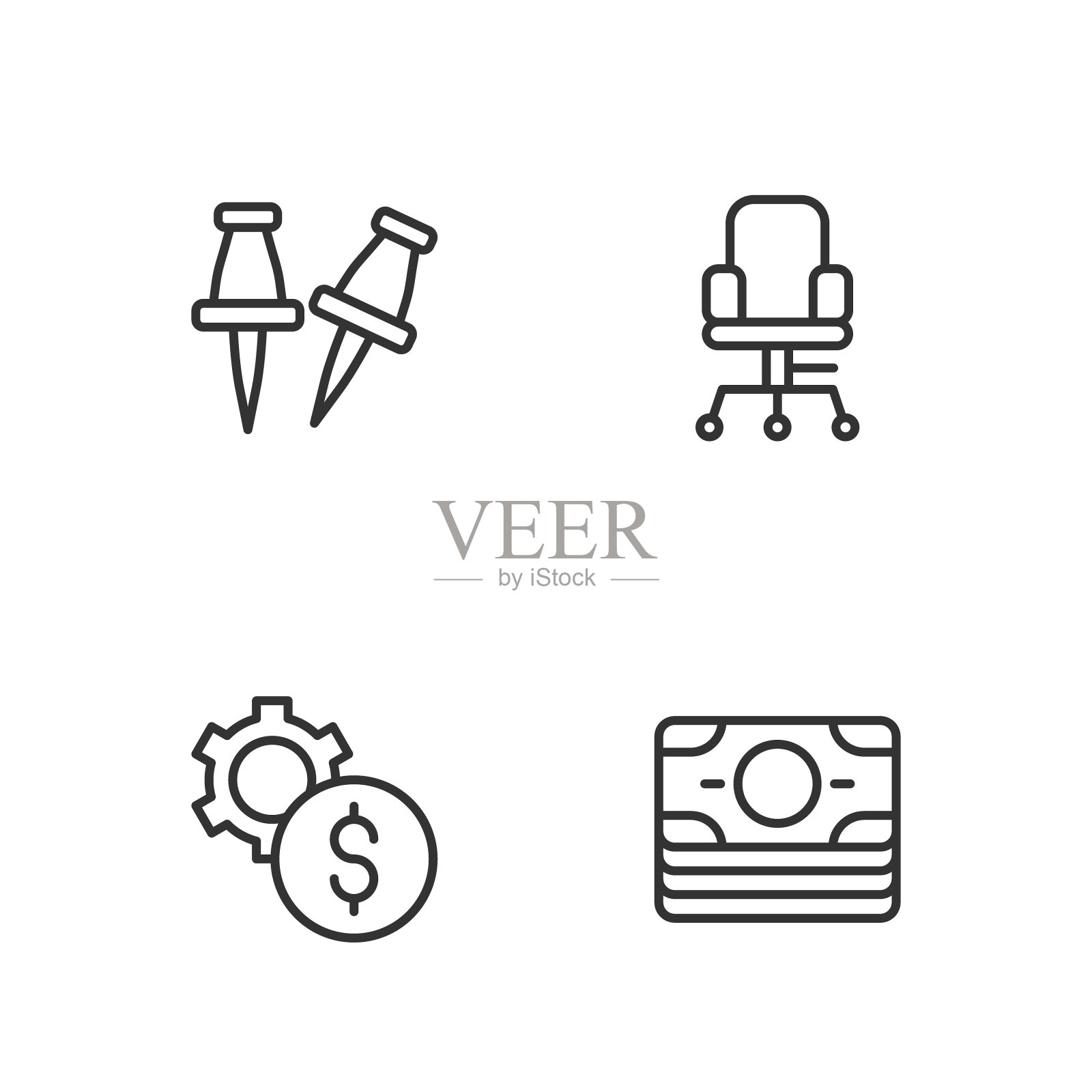 设置线堆栈纸币现金，齿轮与美元符号，推销和办公椅图标。向量插画图片素材