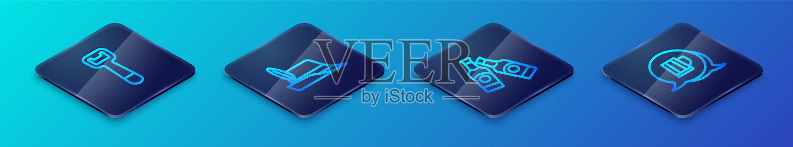 设置等距线啤酒瓶，开瓶器，木制啤酒杯和啤酒节帽子图标。向量插画图片素材