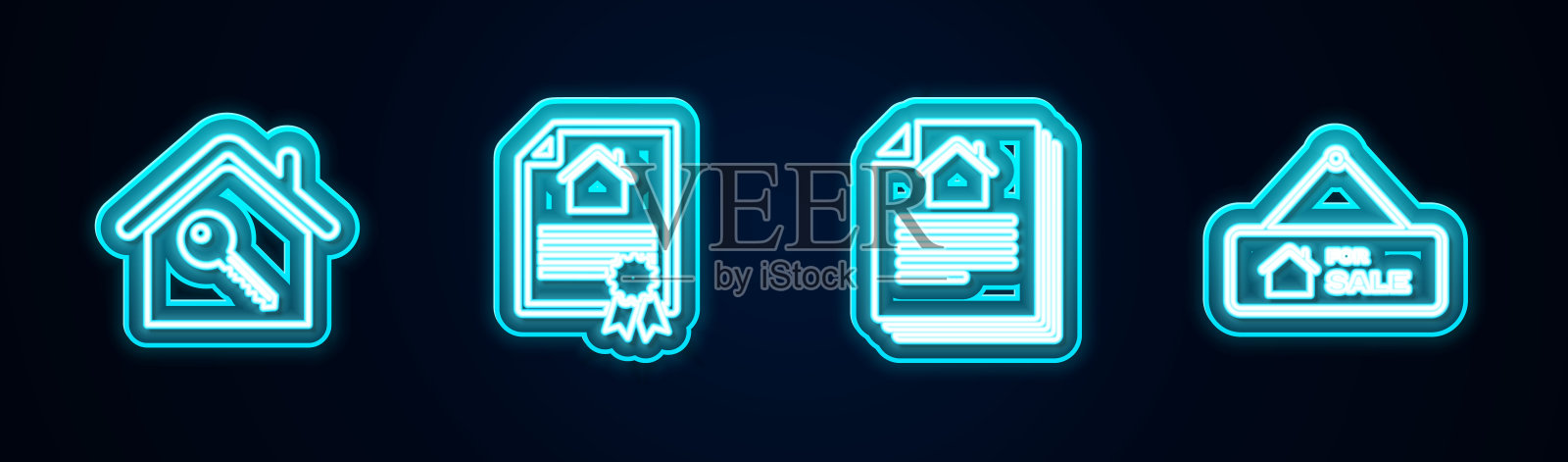 设置线房子与钥匙，合同，和悬挂标志出售。发光的霓虹灯图标。向量插画图片素材