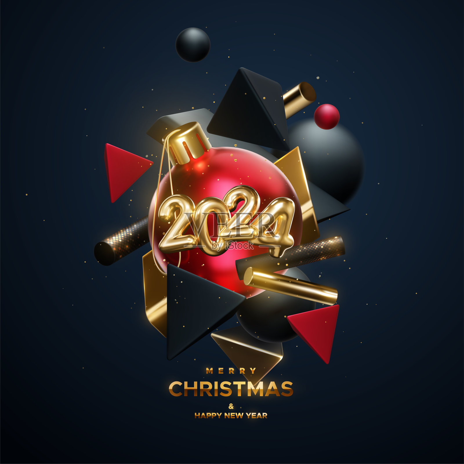 圣诞快乐，新年快乐。金色2024数字与圣诞球，流动的黑色，红色和金色几何三维形状。矢量假日插图。冬季节日海报或横幅设计插画图片素材