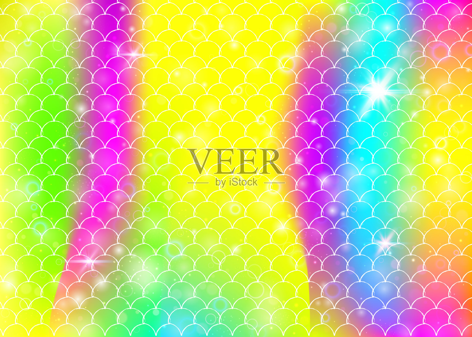 公主美人鱼背景与卡哇伊彩虹鳞片图案。插画图片素材