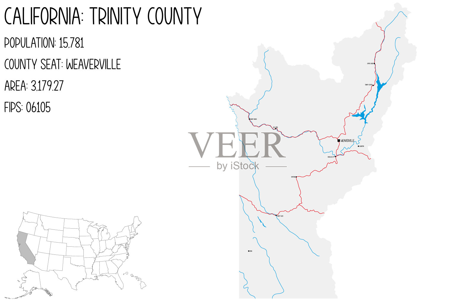 美国加州三一县的大而详细的地图。插画图片素材