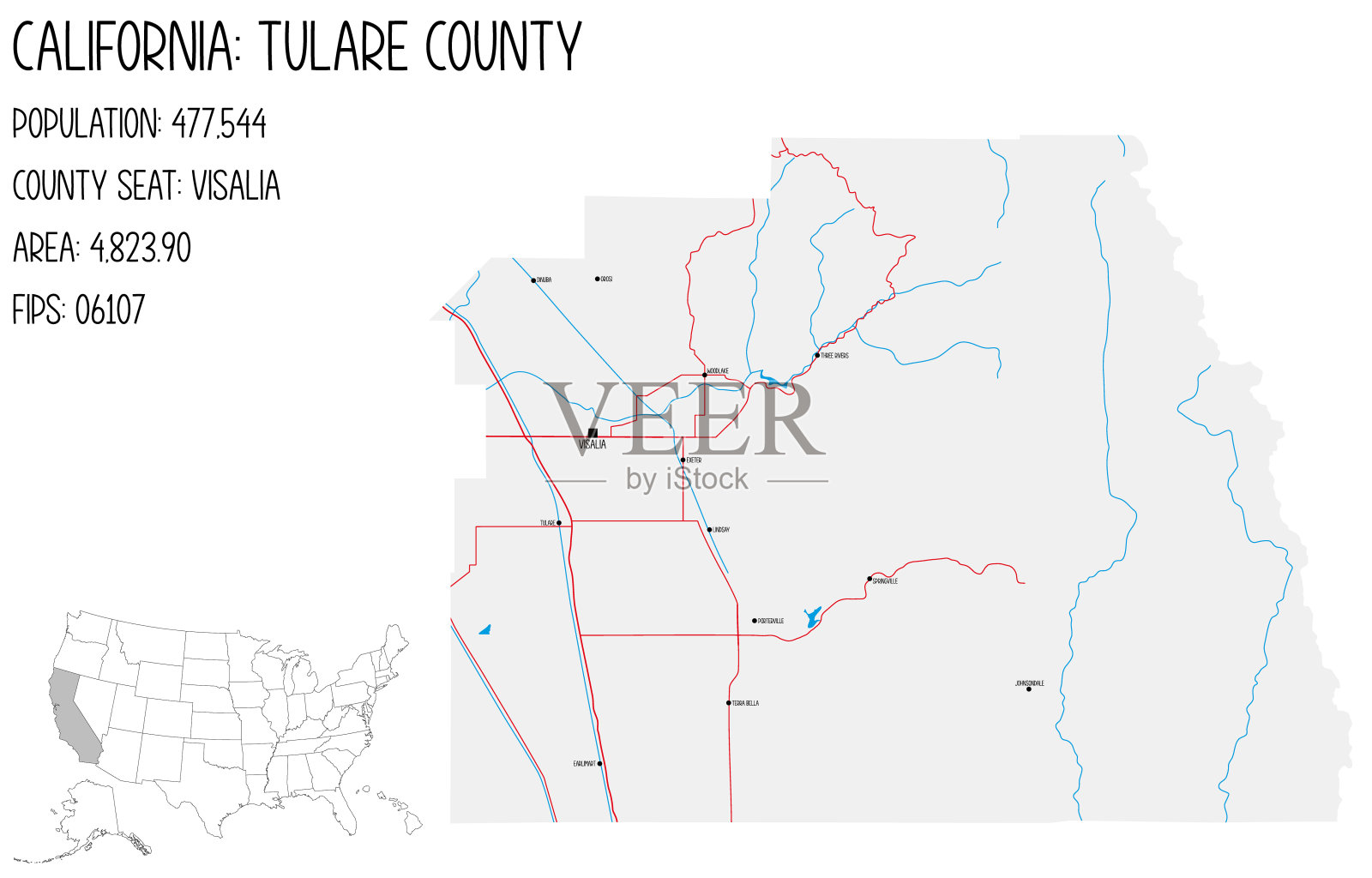 美国加利福尼亚州图拉雷县的大而详细的地图。插画图片素材