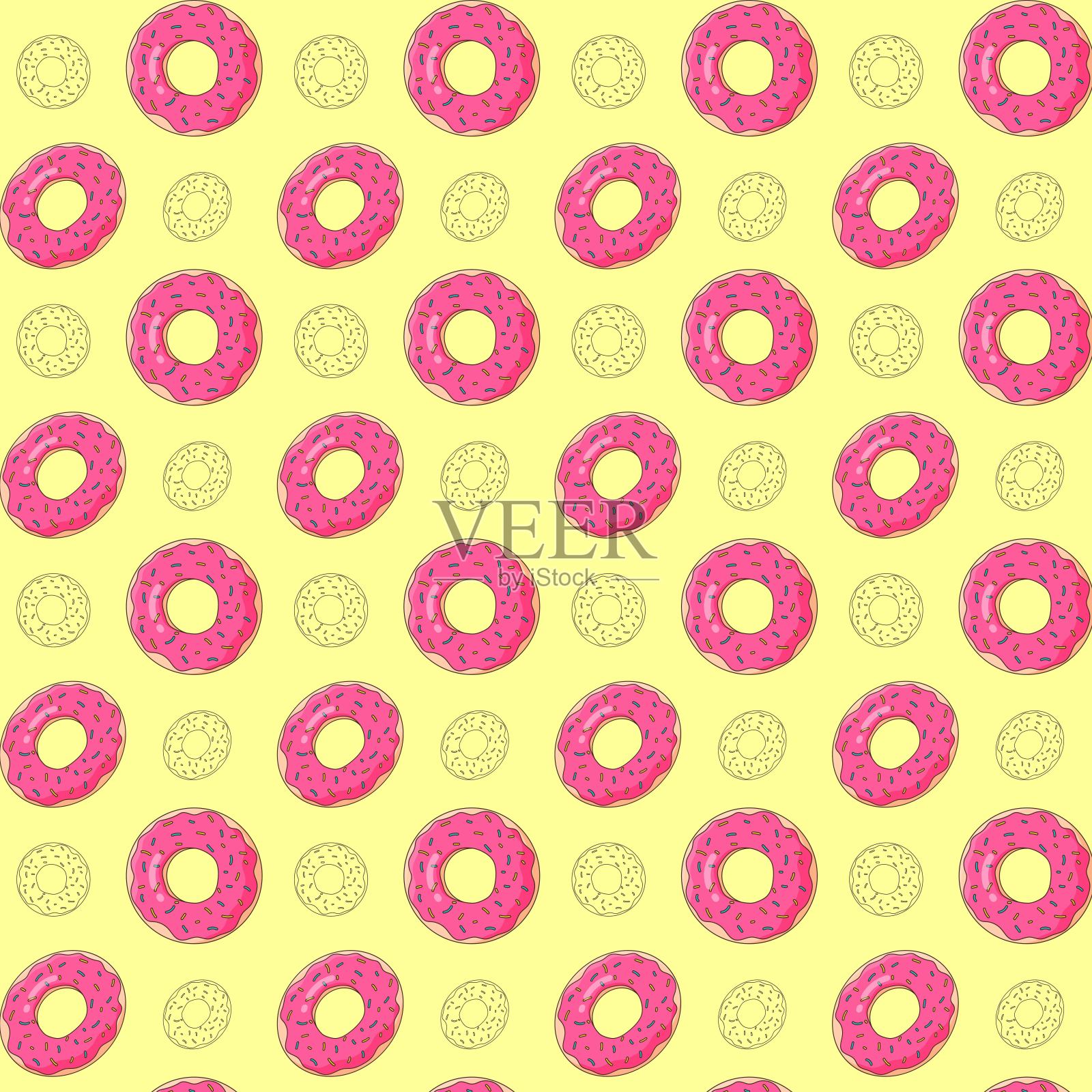 美味的图案甜甜圈与粉红色的釉和彩色洒在黄色的背景。甜点矢量插图设计。背景插画图片素材