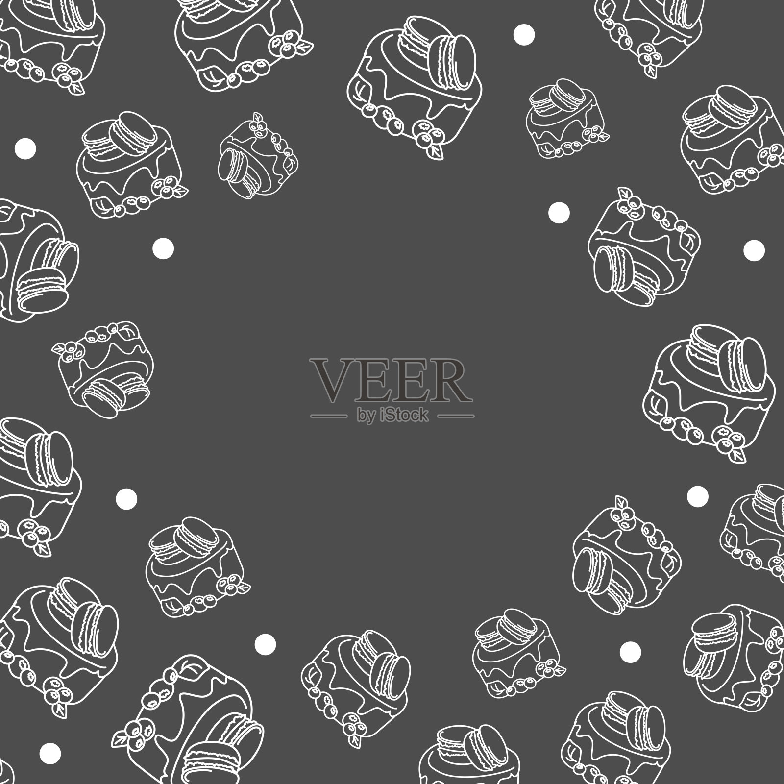 矢量插图。轮廓模式。蛋糕，甜甜圈，羊角面包，速写马卡龙。手绘食物元素。甜点和甜食涂鸦背景与文字的复制空间。插画图片素材