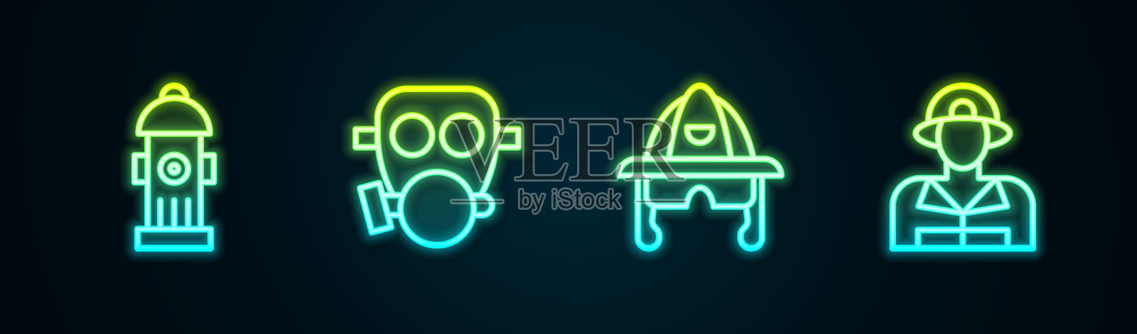 设置线路消防栓，防毒面具，消防员头盔和。发光的霓虹灯图标。向量插画图片素材