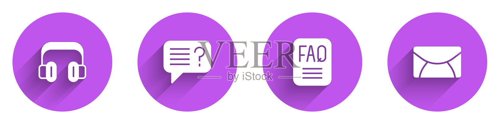 设置耳机，未知搜索，常见问题解答信息和邮件和电子邮件图标长阴影。向量插画图片素材