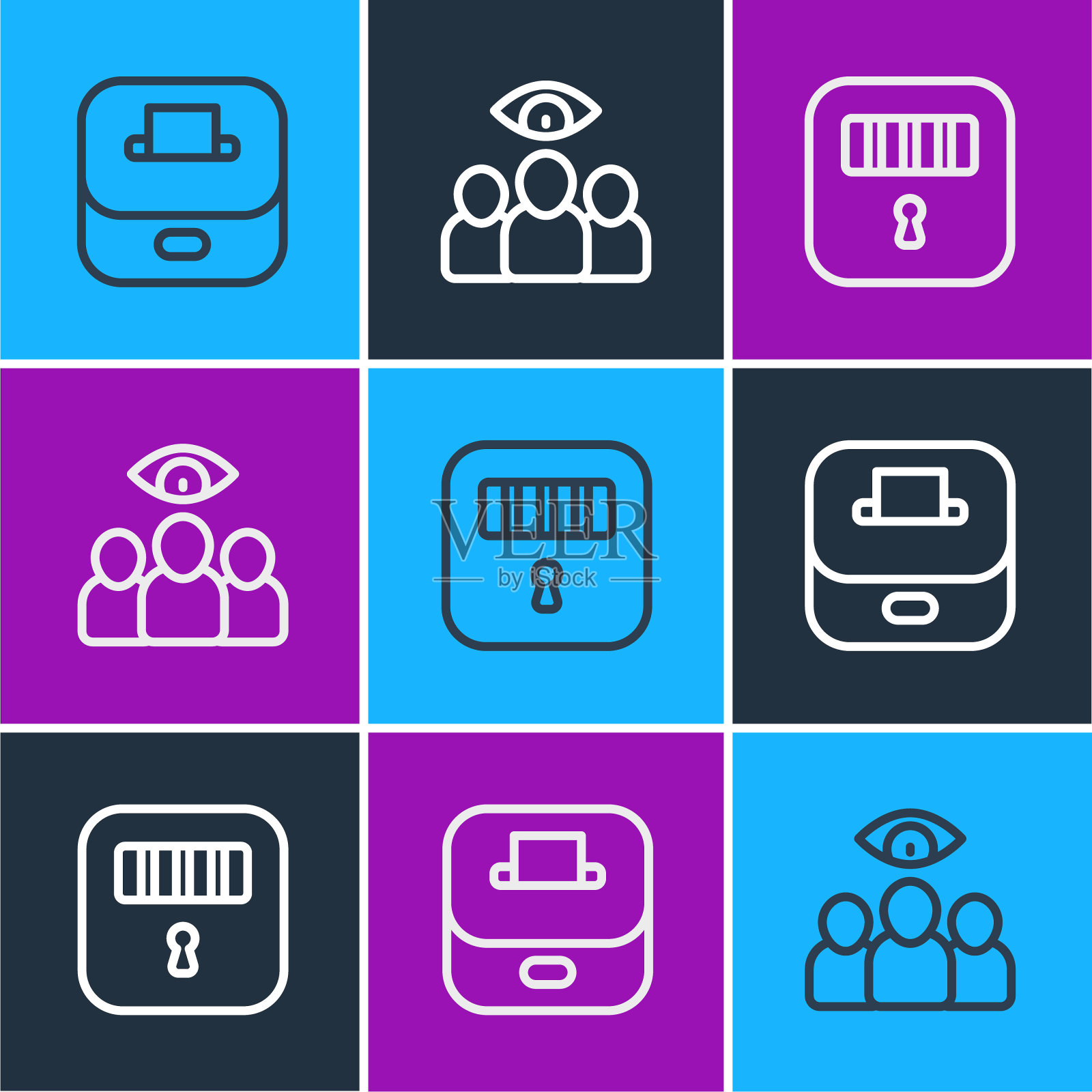 设置线投票箱，监狱牢房门和间谍，特工图标。向量插画图片素材