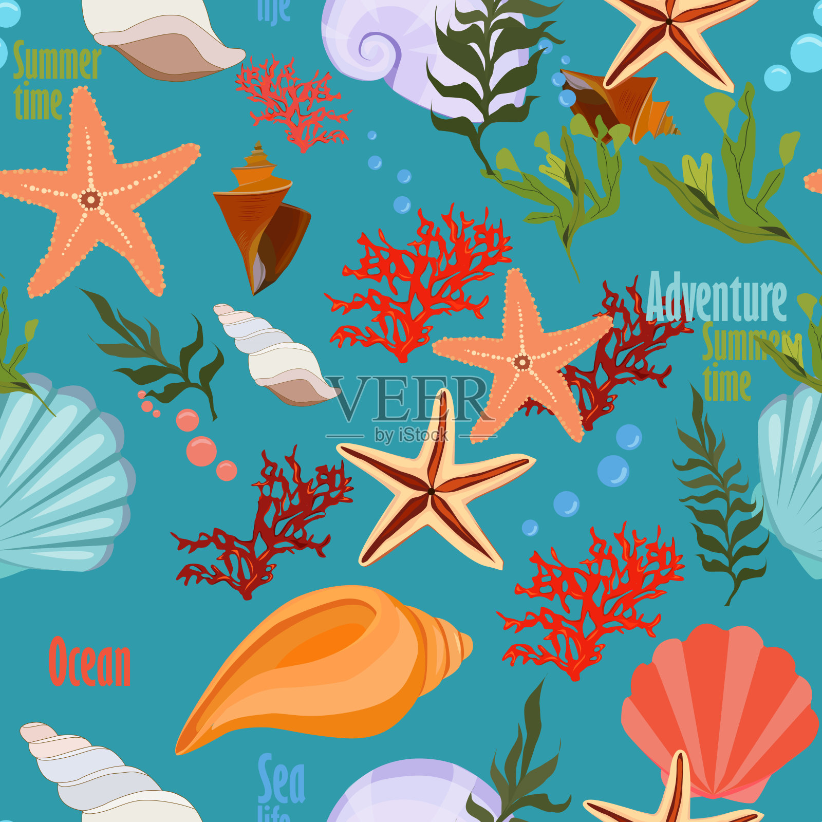 以海洋为主题的图案，贝壳，藻类，珊瑚插画图片素材