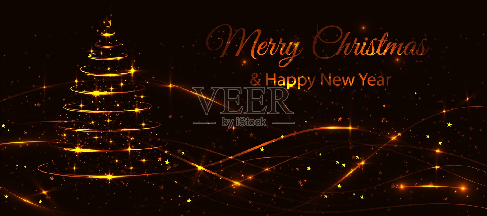 闪闪发光的圣诞树背景是金色的星星、雪花和闪闪发光的微粒插画图片素材