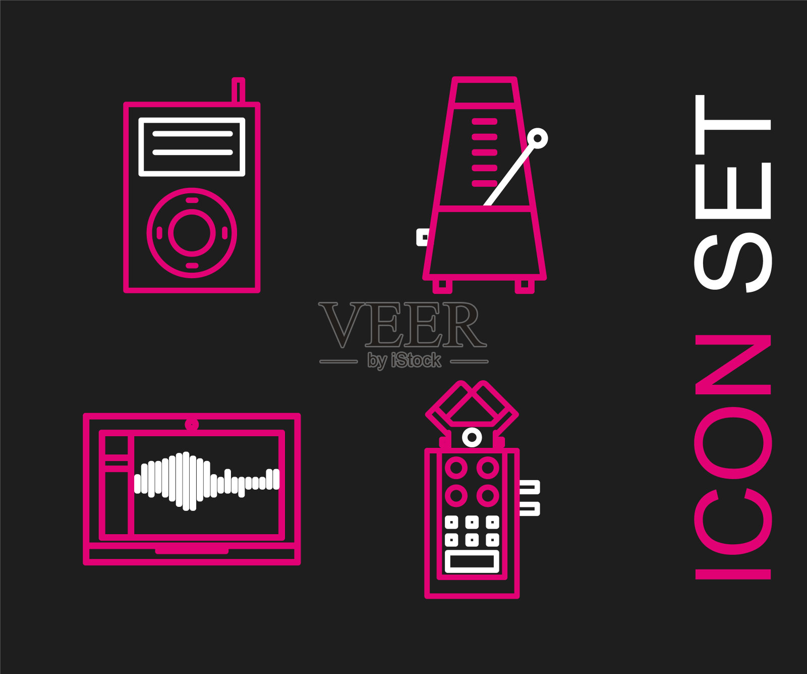 设置线麦克风，声音或录音机笔记本电脑，节拍器与钟摆在运动和音乐MP3播放器图标。向量插画图片素材