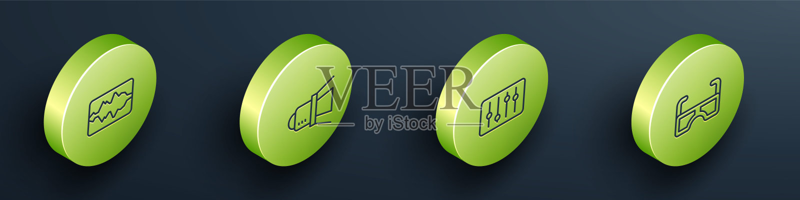 设置等距线音乐波均衡器，电影聚光灯，混音控制器和眼镜图标。向量插画图片素材