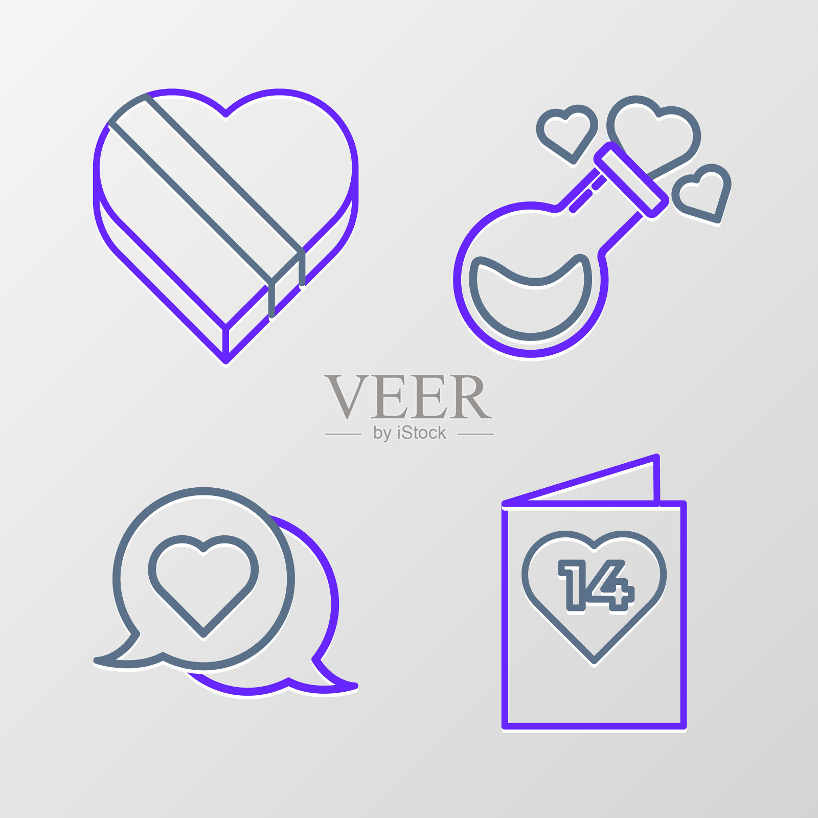 设置线情人节传单与心脏，心脏演讲泡沫，瓶子爱情药水和糖果形状的盒子图标。向量插画图片素材