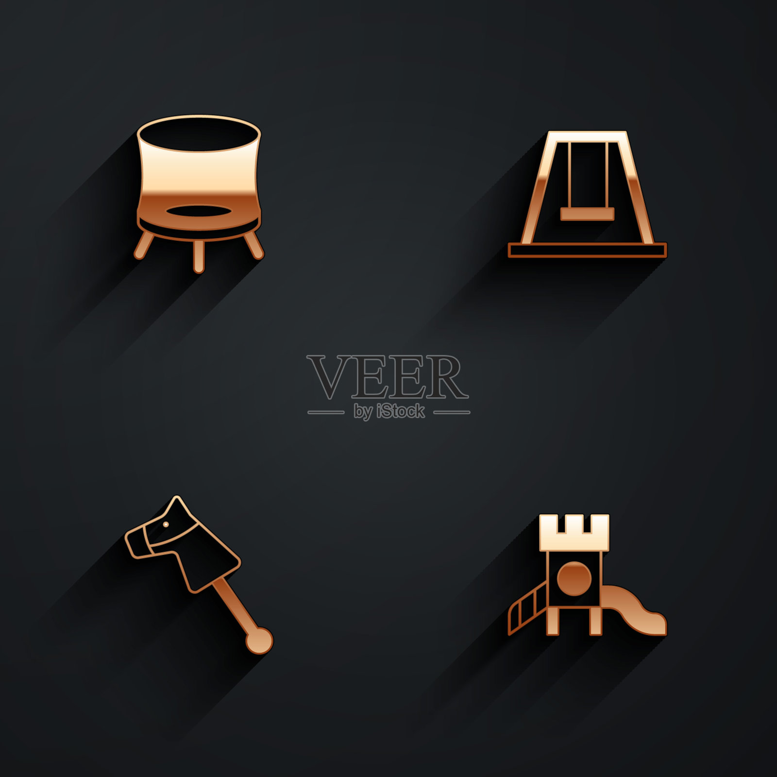 设置跳跃蹦床，秋千为孩子们，玩具马和滑梯操场图标与长阴影。向量插画图片素材