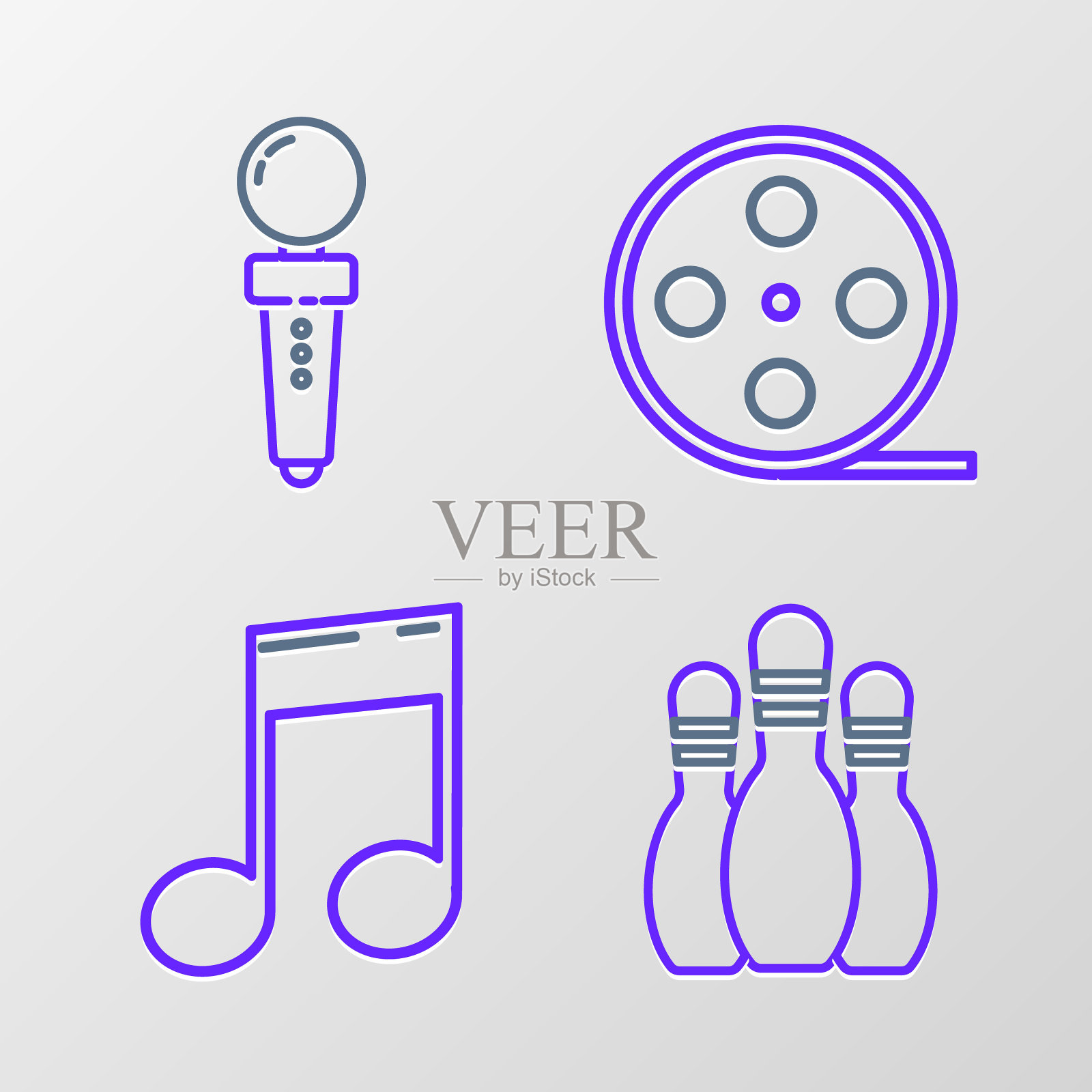 设置线保龄球瓶，音符，音调，电影卷轴和摇杆为街机图标。向量插画图片素材