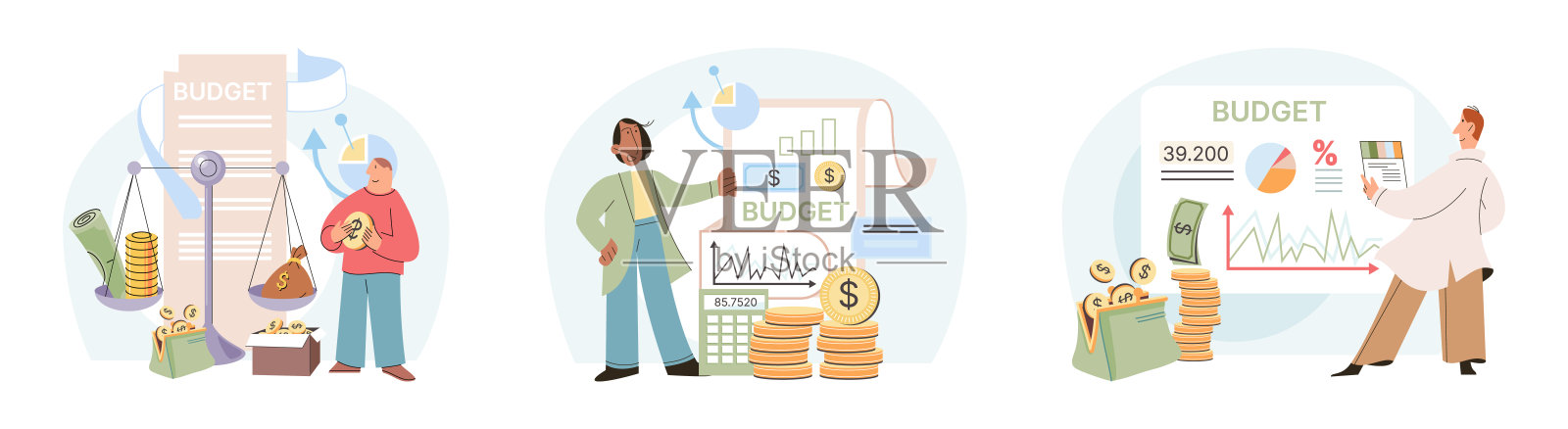 人们分析预算。计算储蓄收入和费用管理的财务计划。成本和收入平衡。生活费用组插画图片素材