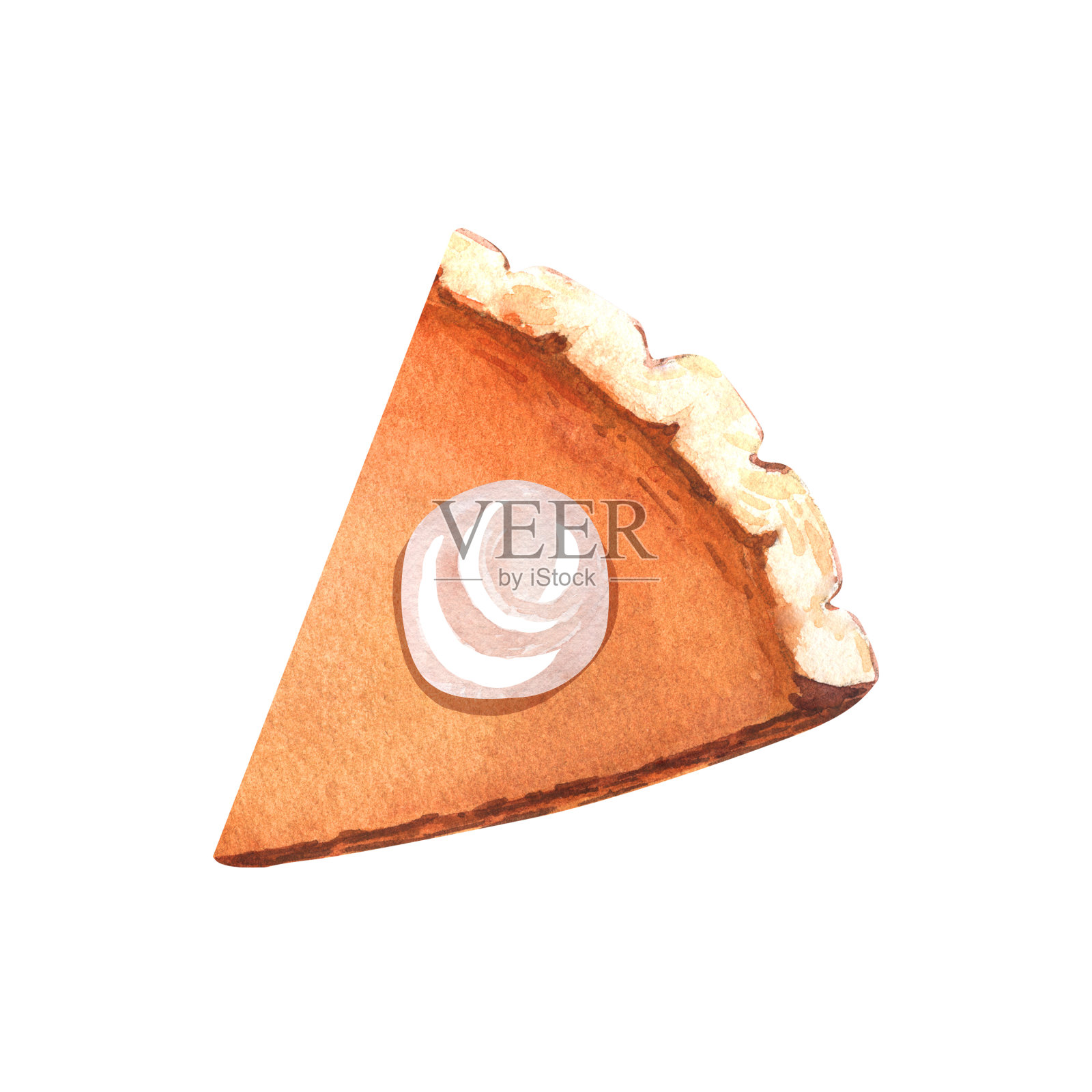 水彩写实感恩节晚餐的传统甜点，橙南瓜片派。手绘插图孤立在白色背景。完美的菜单，烹饪，包装，卡片感恩节插画图片素材