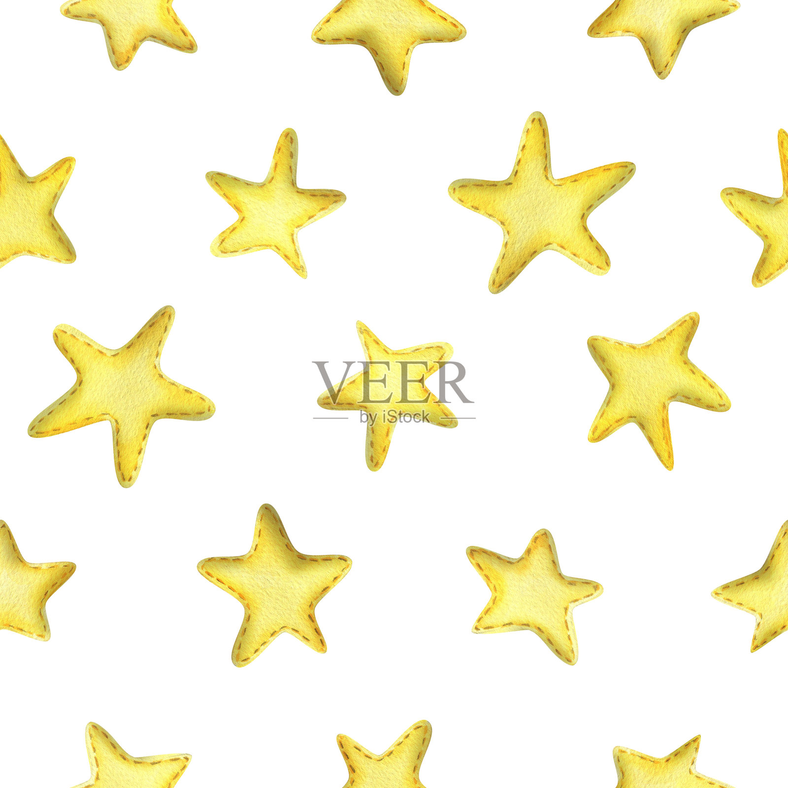 黄色的星星用线缝的织物缝制。水彩插图，手绘。白色背景上的无缝图案插画图片素材