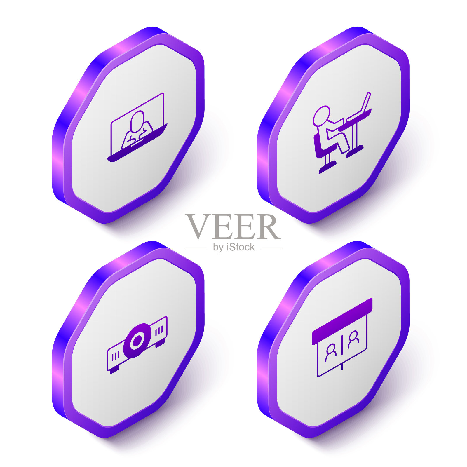 设置等距视频聊天会议，自由职业者，电影，电影，媒体投影仪和图标。紫色六边形按钮。向量插画图片素材