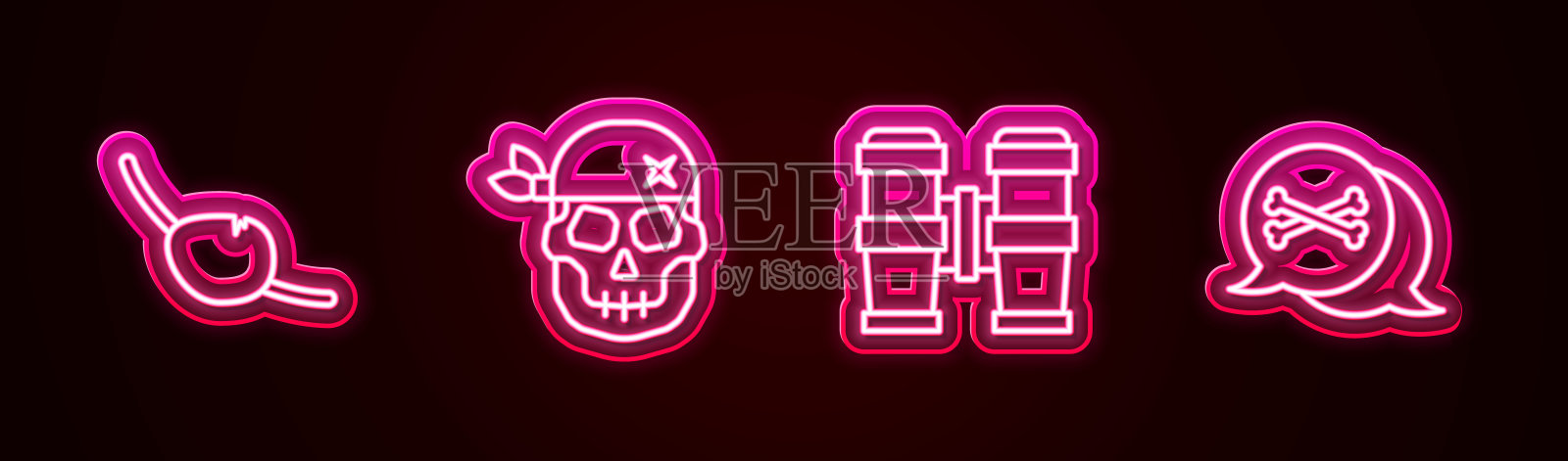 设定路线海盗眼罩，骷髅，望远镜和定位海盗。发光的霓虹灯图标。向量插画图片素材