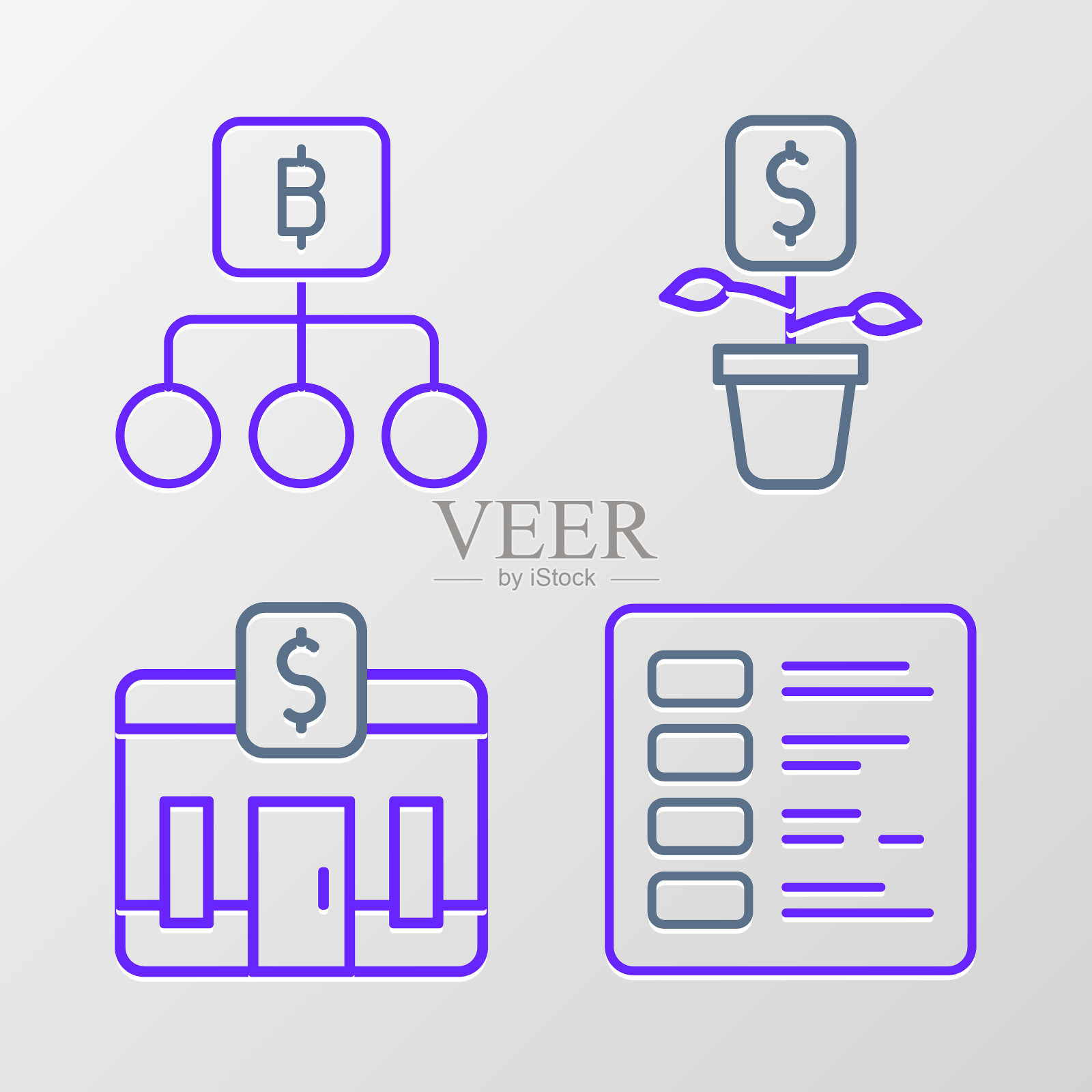 设置业务财务报告，银行大楼，美元工厂和区块链技术比特币图标。向量插画图片素材