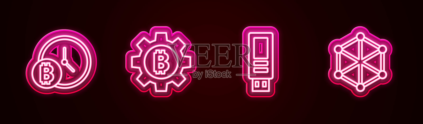 设置线比特币时钟，加密货币，USB闪存驱动器和区块链技术。发光的霓虹灯图标。向量插画图片素材