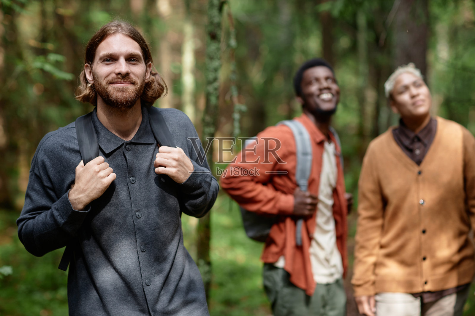 朋友们一起在森林里散步照片摄影图片