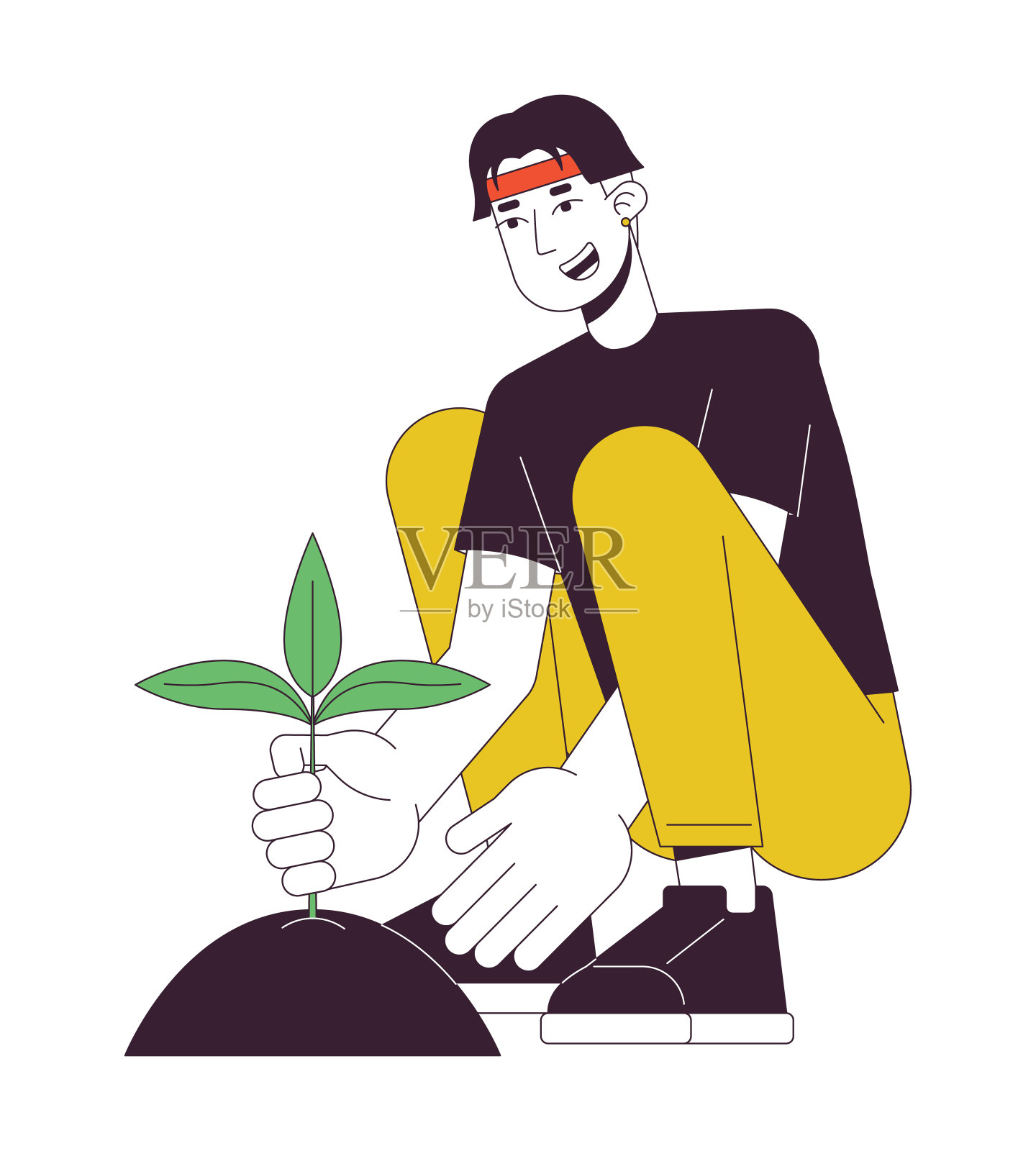 亚洲人种植植物在土壤中的平线颜色矢量特征插画图片素材