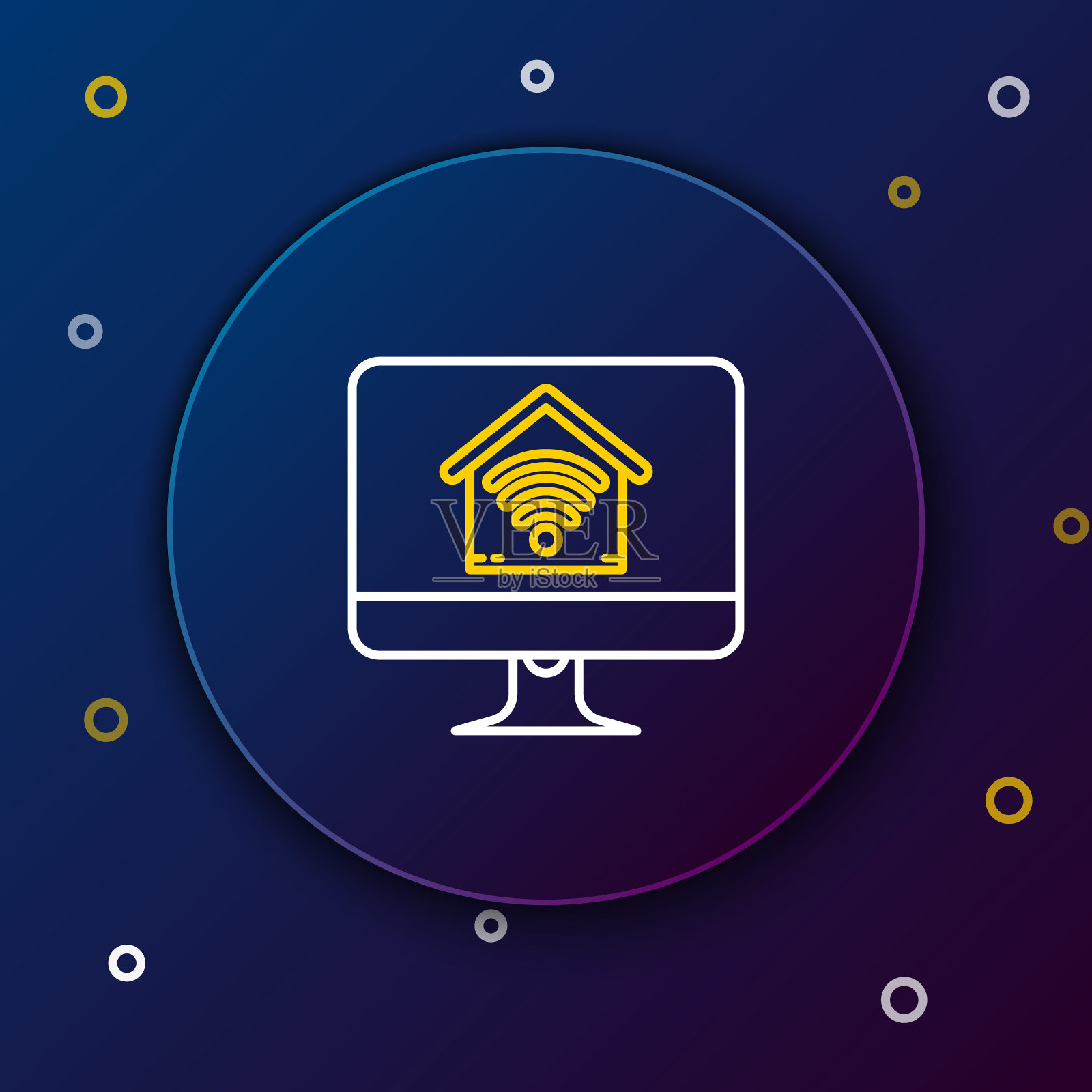 电脑显示器与智能家居与wi-fi图标隔离在深蓝色背景。远程控制。色彩缤纷的轮廓概念。矢量图插画图片素材