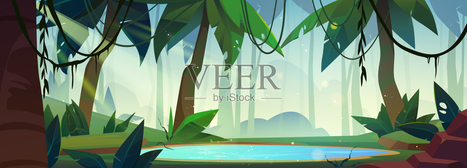 奇幻阴森的绿色丛林森林背景插画图片素材