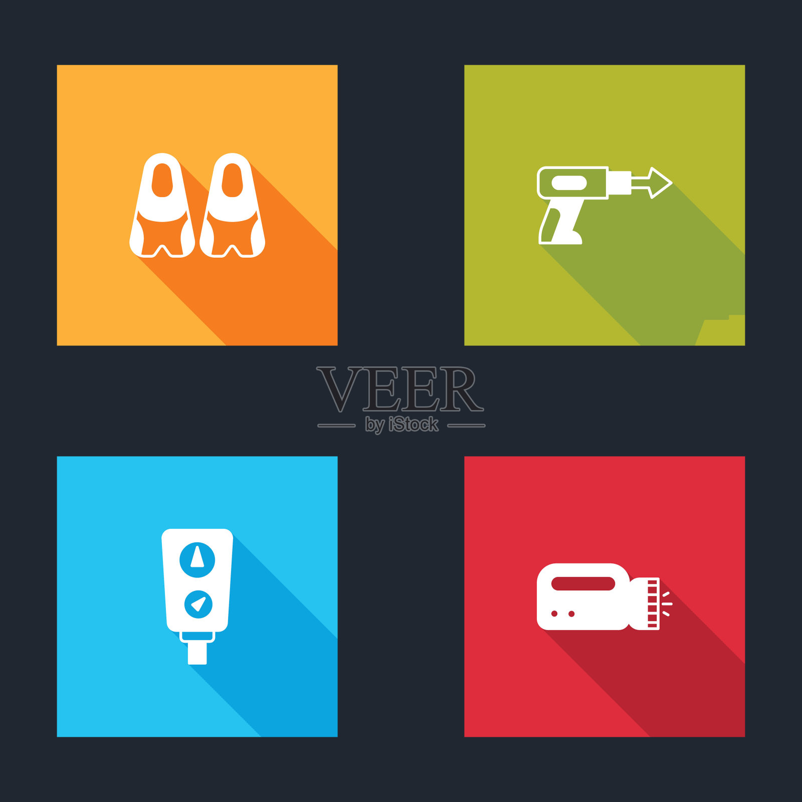 设置鳍游泳，钓鱼鱼叉，尺度和手电筒潜水员图标。向量插画图片素材