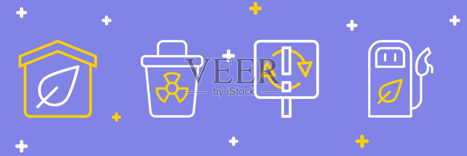 设置线汽油或加油站，回收标志，传染性废物和生态友好的房子图标。向量插画图片素材