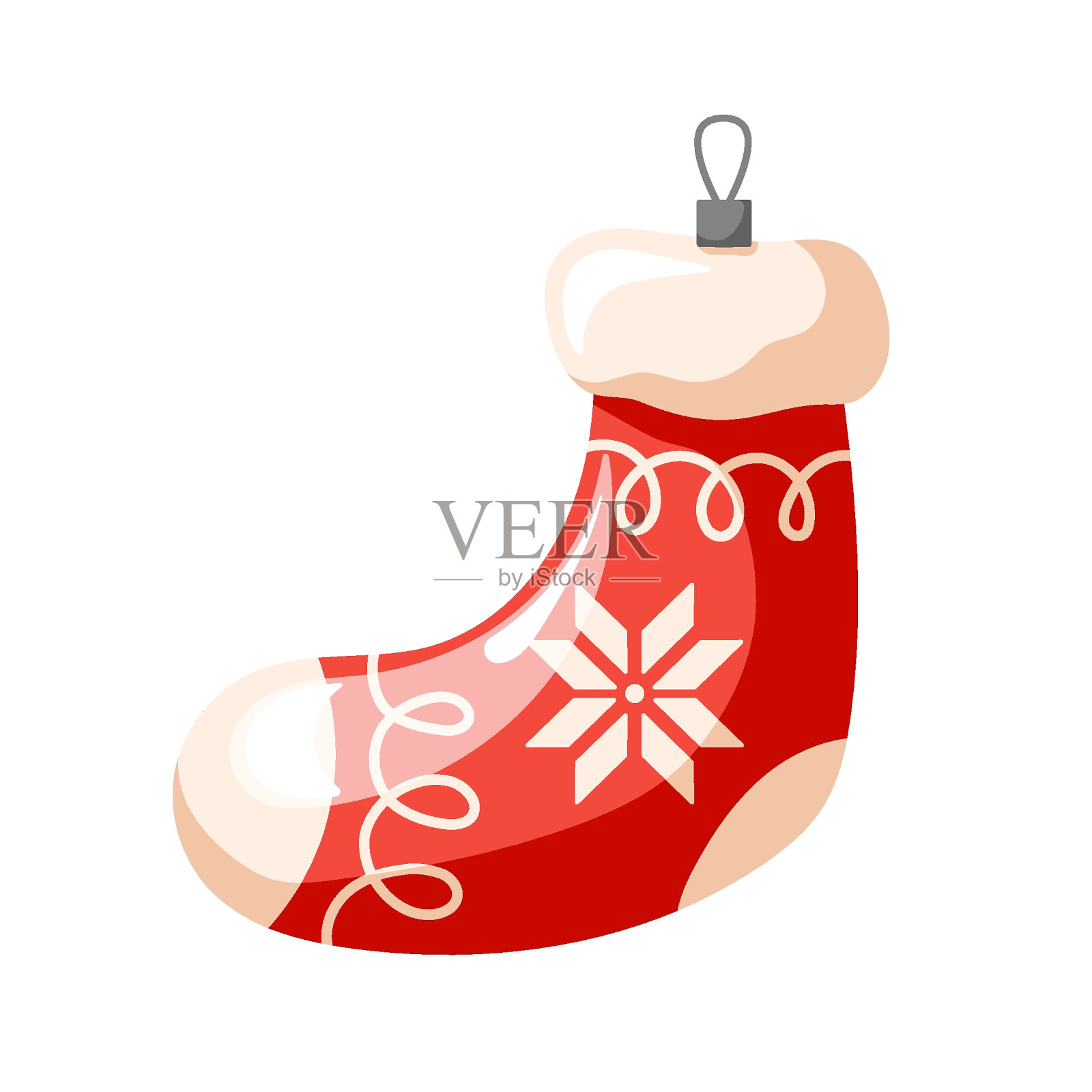 圣诞树装饰用的红袜子。玩具挂在吊坠上。贴纸设计在卡通风格。矢量插图孤立在一个白色的背景。插画图片素材