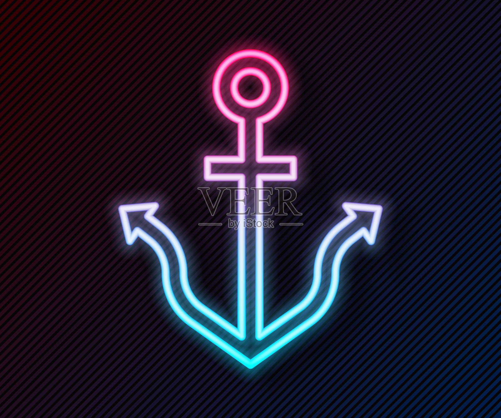 发光的霓虹线锚图标孤立的黑色背景。向量插画图片素材
