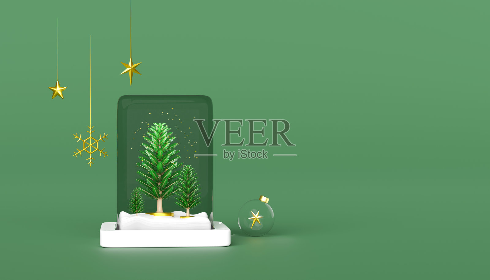 圣诞立方体玻璃圆顶与雪花玻璃，圣诞树，星星，雪花，五彩纸屑。圣诞快乐，新年快乐，3d渲染插图照片摄影图片