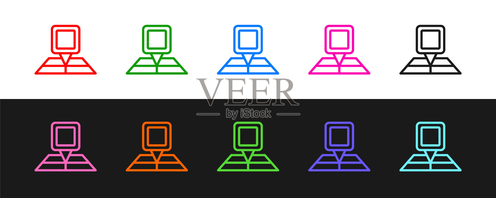 设置线折叠地图与位置标记图标隔离在黑色和白色的背景。向量插画图片素材