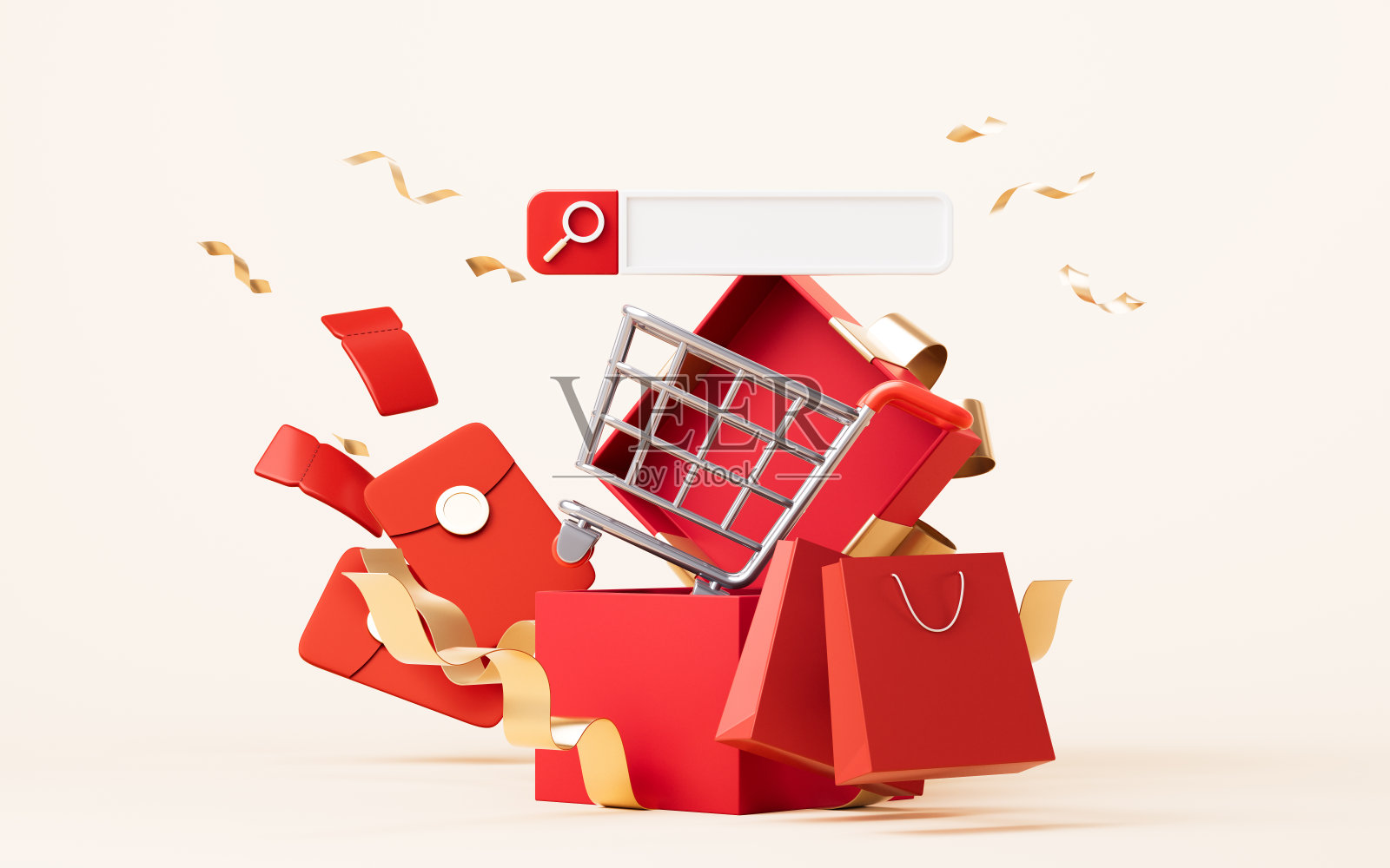 带有购物主题的卡通购物车，3d渲染。照片摄影图片