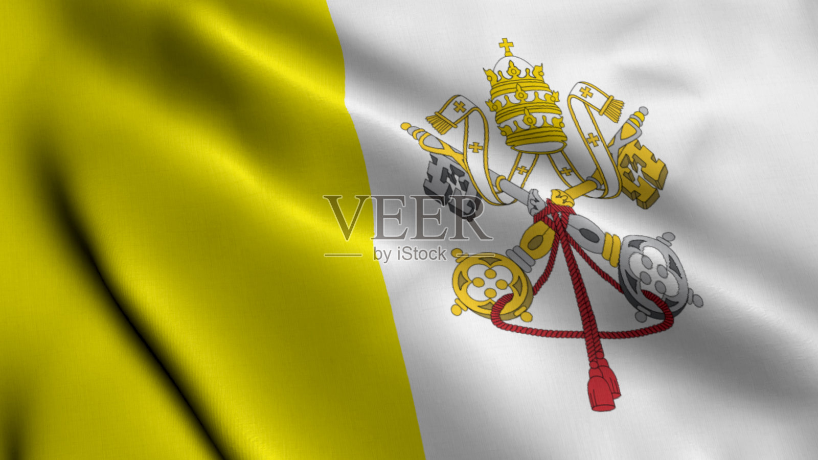 教廷梵蒂冈旗。挥舞织物缎面纹理旗帜的教廷梵蒂冈3D插图。罗马教廷的真实纹理旗帜照片摄影图片