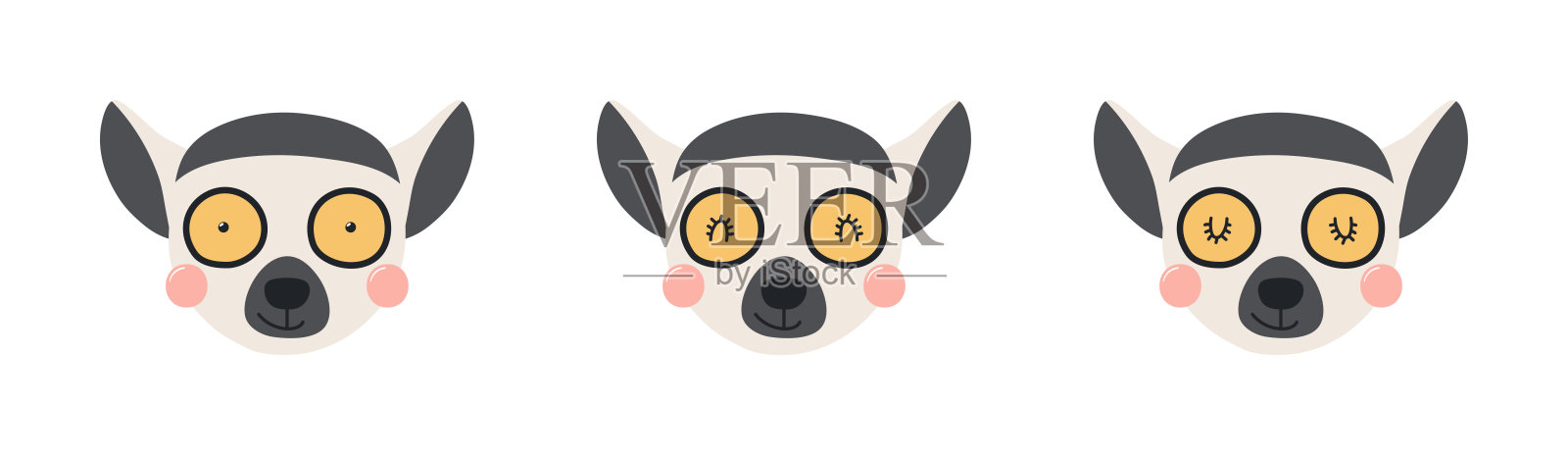 可爱有趣的狐猴面孔插图集。插画图片素材