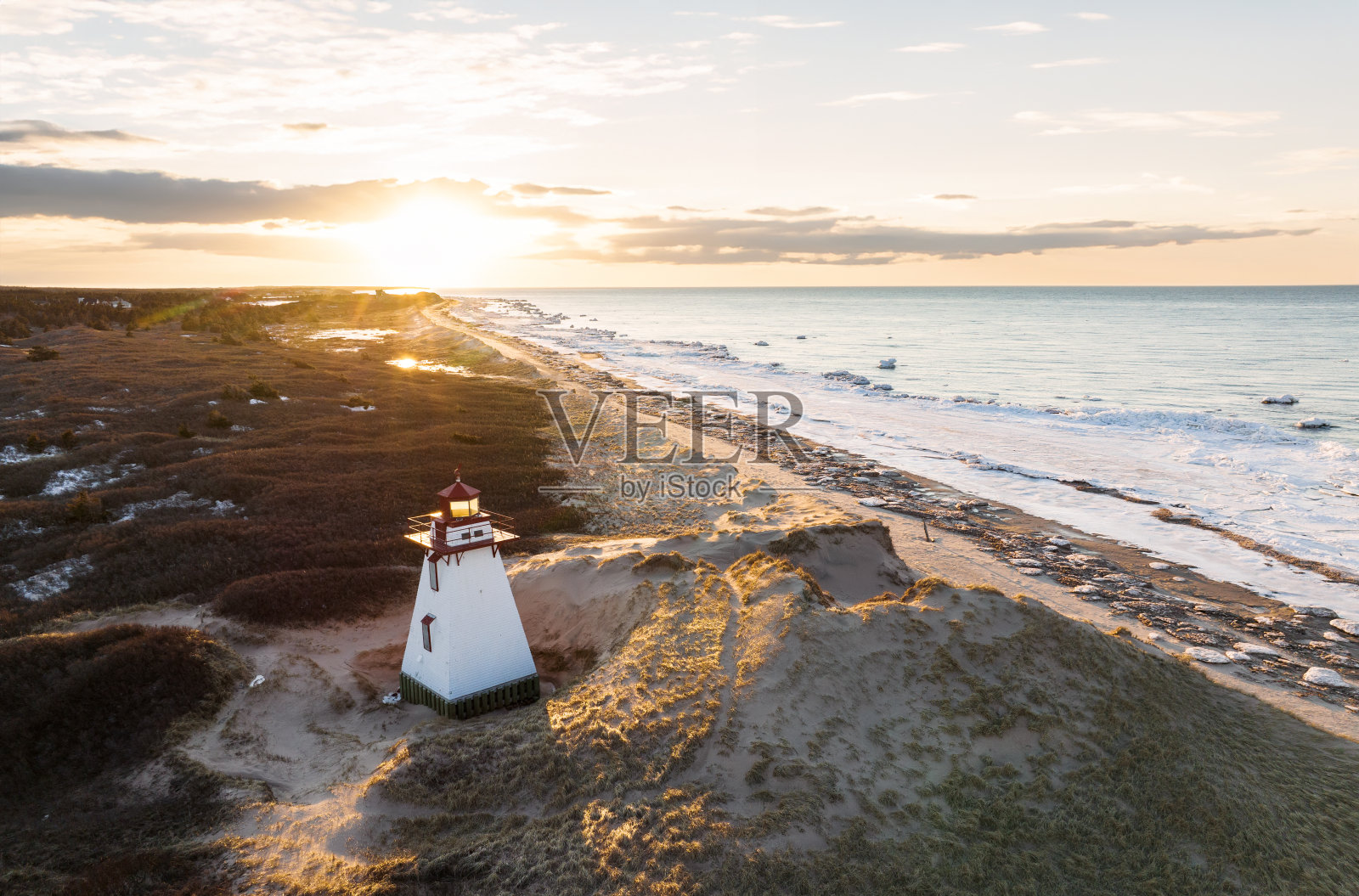 爱德华王子岛圣彼得湾灯塔航拍图照片摄影图片