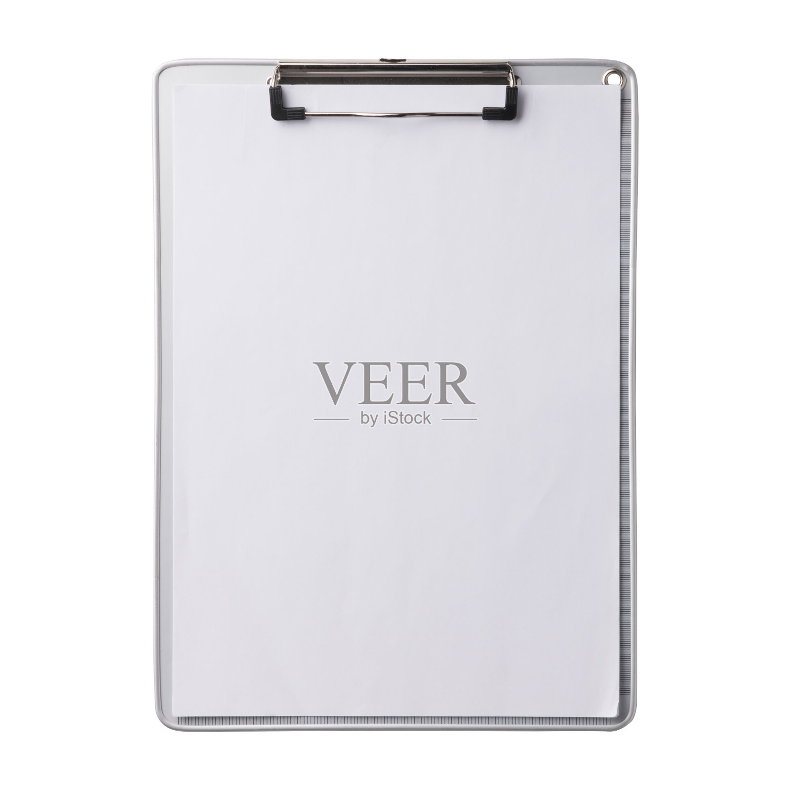 银色的剪贴板，顶部有夹纸。单剪贴板，书写板与纸张。现实，摄影，孤立的白色背景。照片摄影图片