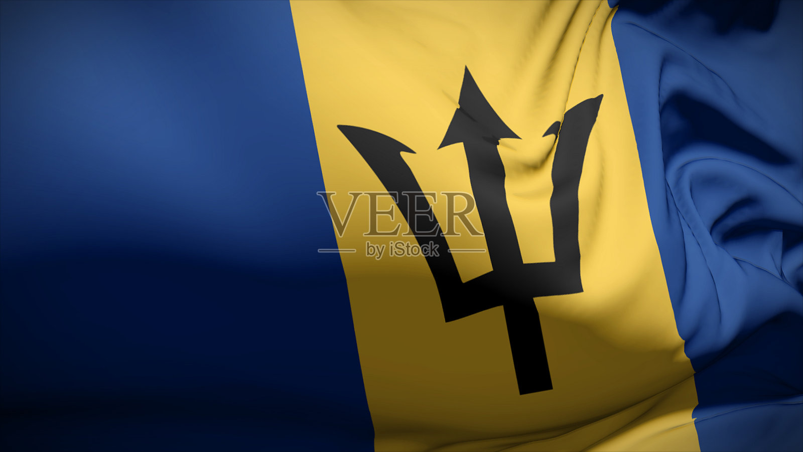 巴巴多斯国旗在风中飘扬的特写镜头。照片摄影图片