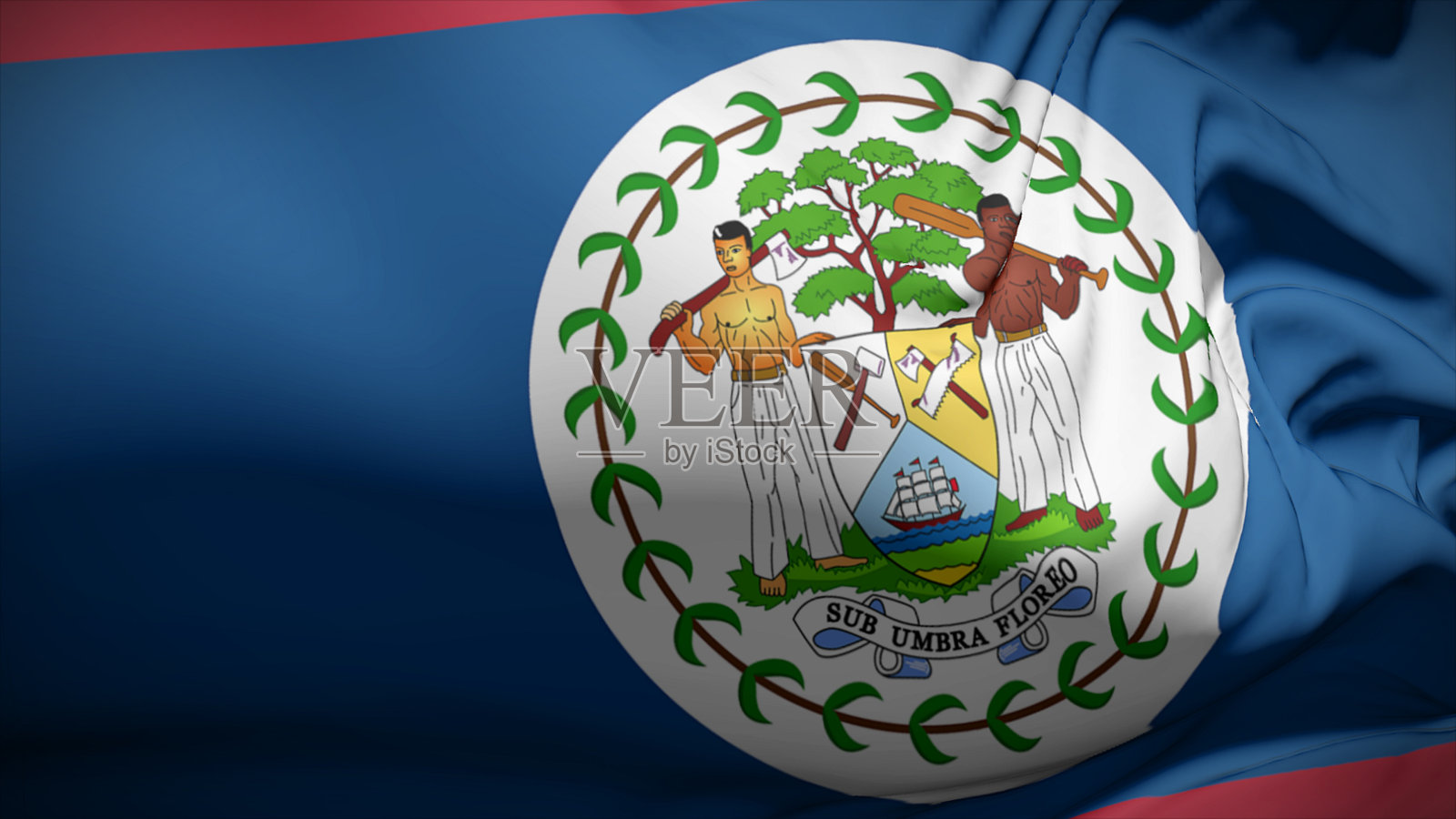 伯利兹国旗在风中飘扬的特写镜头。照片摄影图片