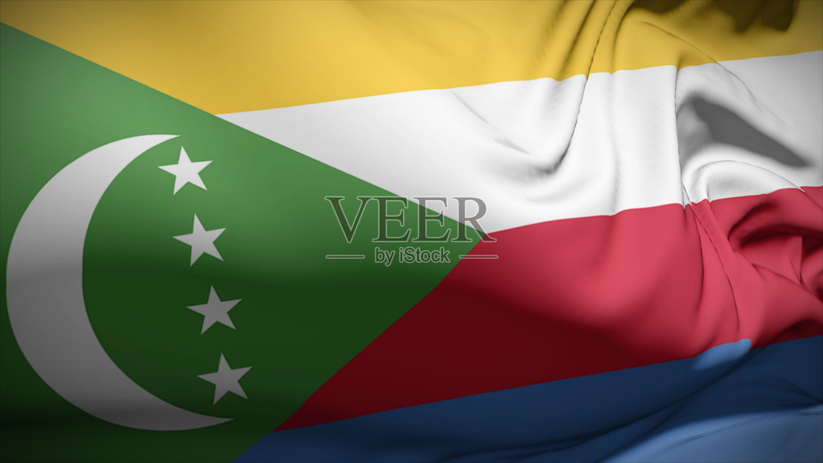 科摩罗国旗迎风飘扬的特写镜头。照片摄影图片