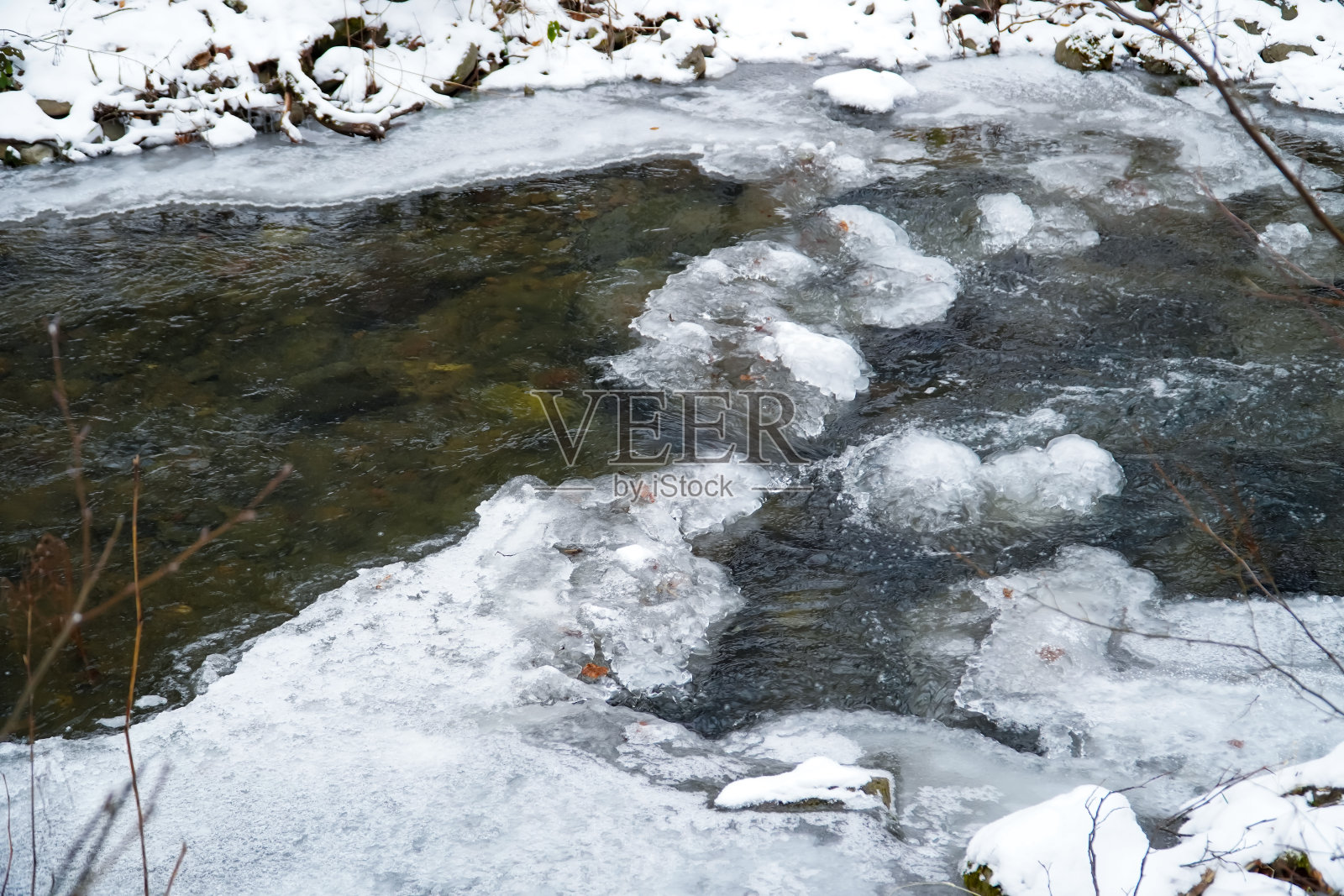 冰赘钟乳石，冬季河流，冰柱中结冰的水，冰的图案，冬季景观照片摄影图片