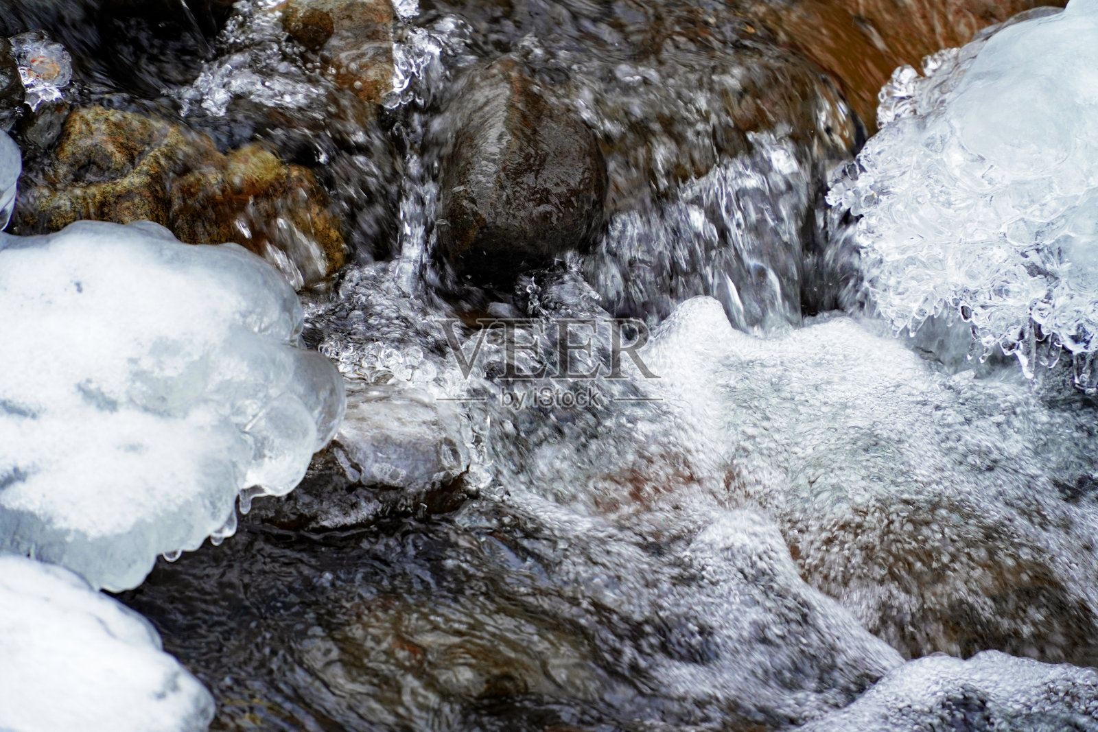 冰赘钟乳石，冬季河流，冰柱中结冰的水，冰的图案，冬季景观照片摄影图片